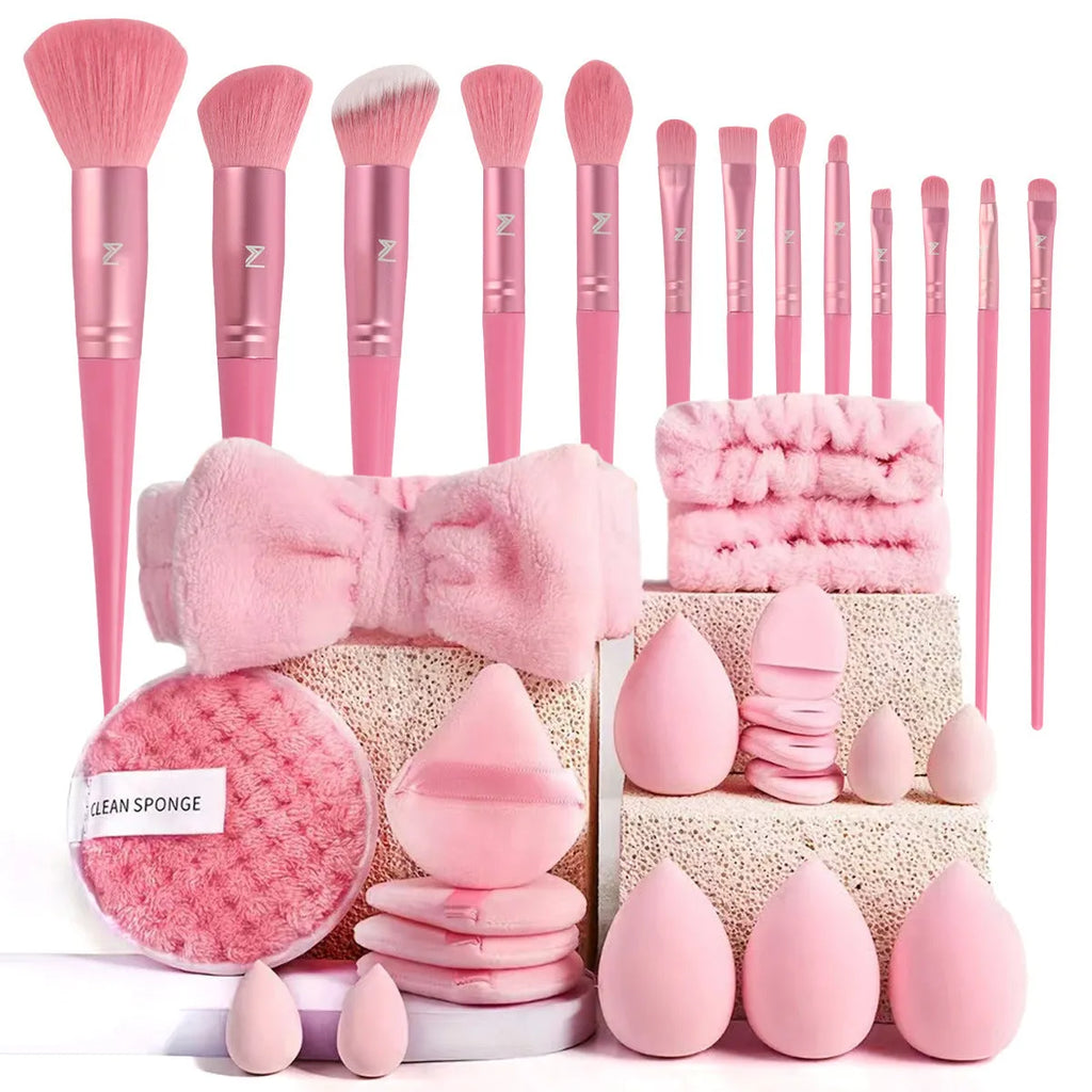 Hydrophilic non-latex beauty tools set in brown, pink and purple colours for facial cleansing and makeup