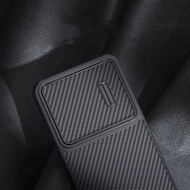 Black Samsung S23 Ultra phone case with a sliding lens cover over the camera module.