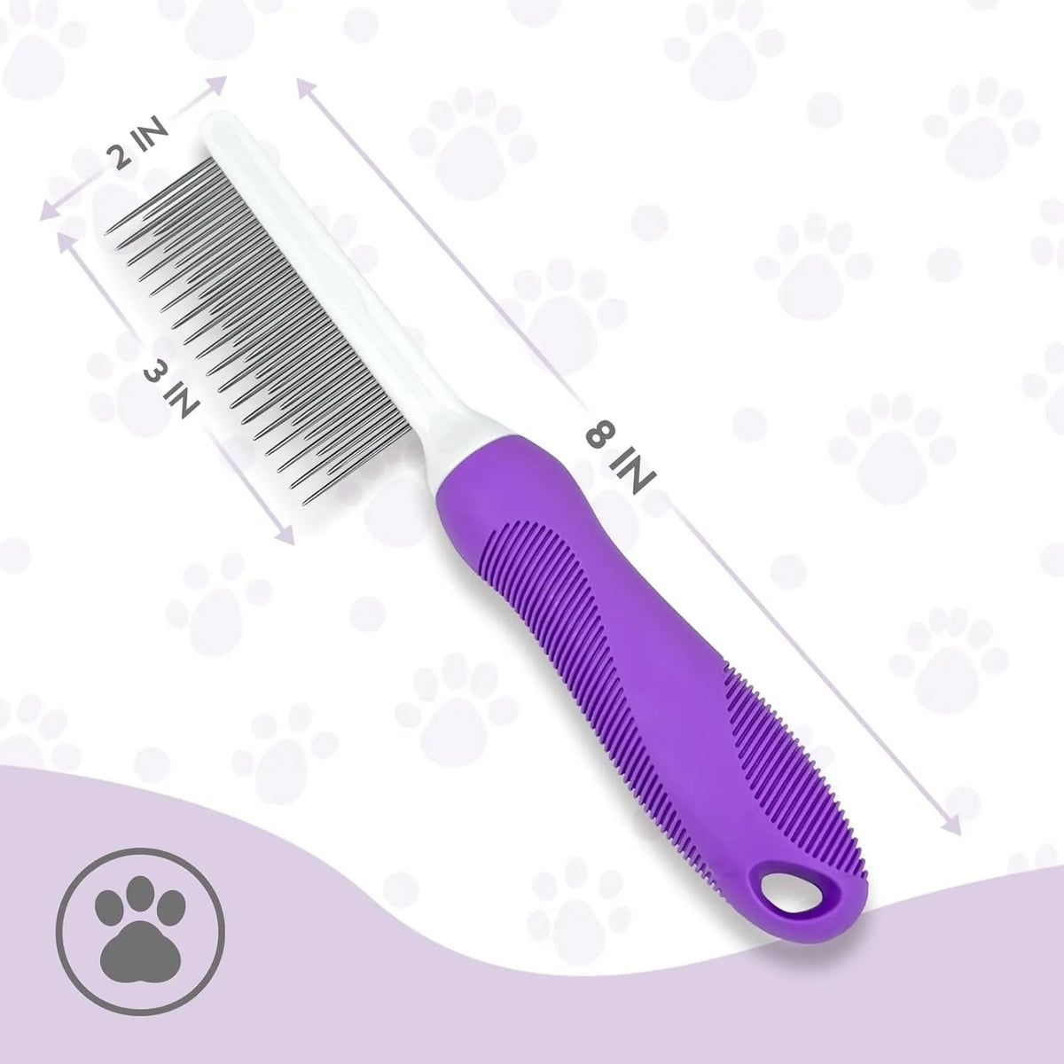 Purple pet detangling comb with stainless steel long and short teeth on a white background