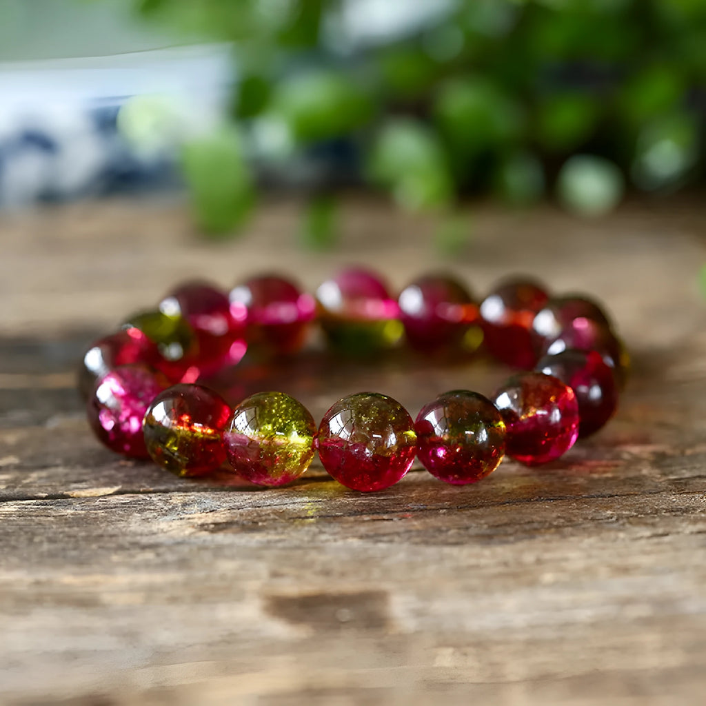 Handmade watermelon crystal bracelet for women, showing casual pastoral style.