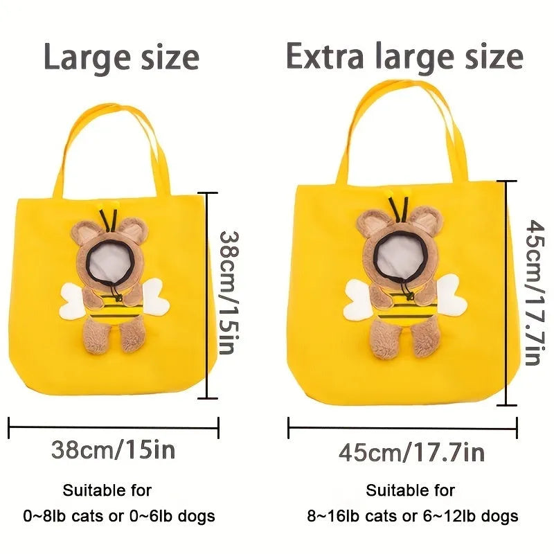 Canvas pet carrier bag with animal patterns, showing safety zippers and an elastic side opening.