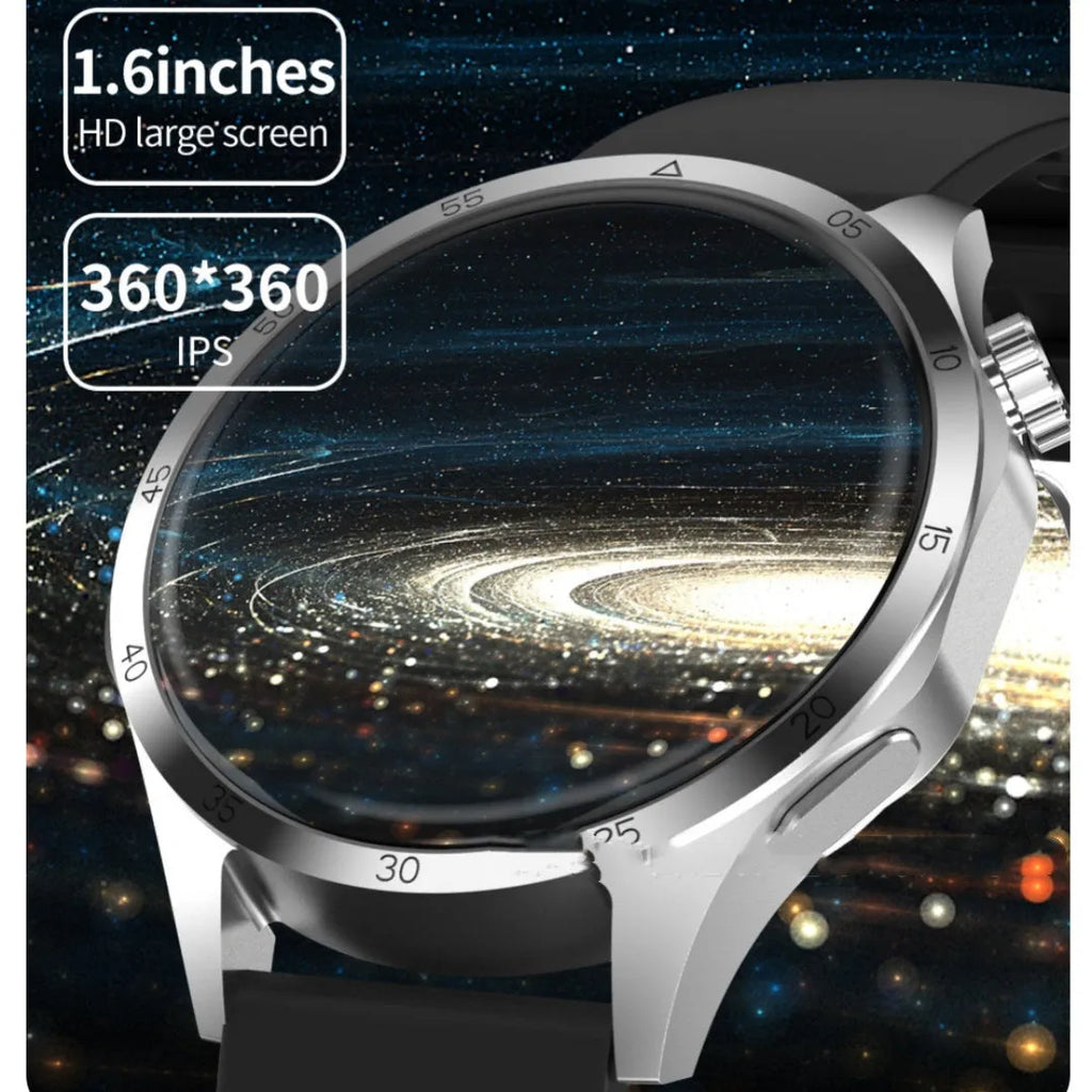 Black Bluetooth smartwatch with touchscreen showing health stats, available with silicone or Milan mesh strap.