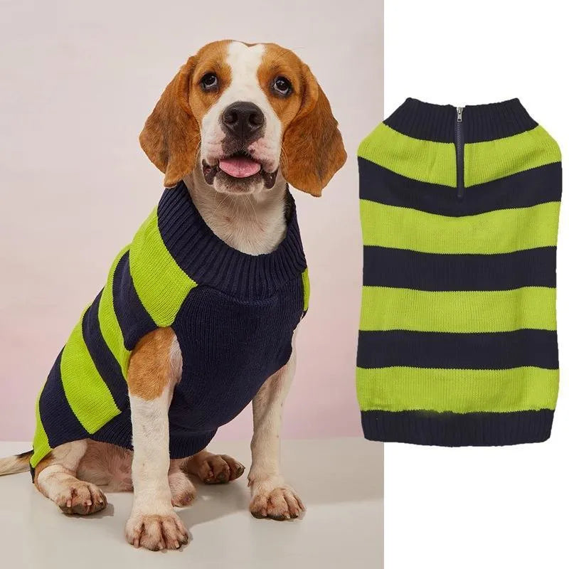Grey dog sweater with contrast colour horizontal zip and button pockets on a small dog.