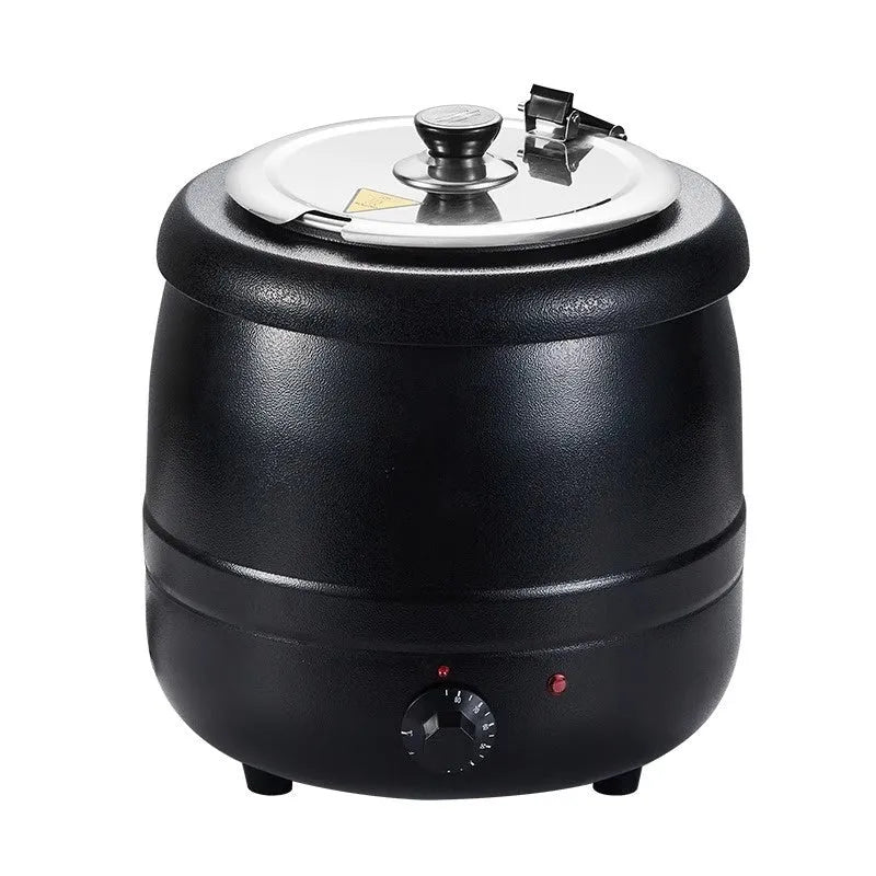 Black stainless steel insulation pot with steel cover, 10 litre capacity, electric heating function