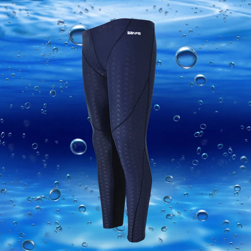Men's black nylon cropped swimming trunks on a size chart showing M to XXXL.