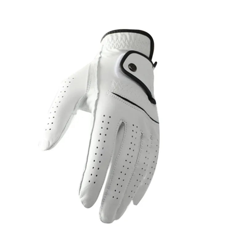 Men's white half sheepskin leather golf glove showing non-slip palm detail