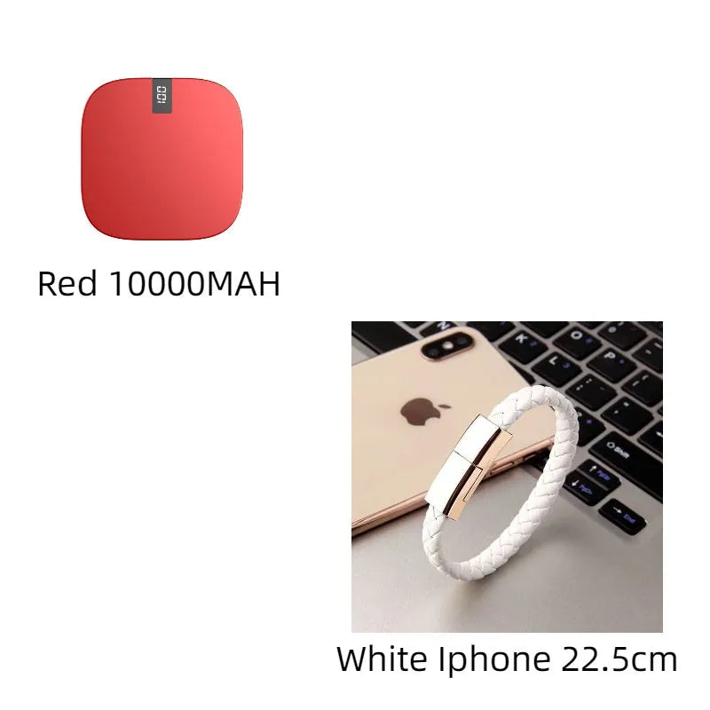 10000mAh mini power bank with LCD display, dual USB ports, and fast input, in red, white, or black.