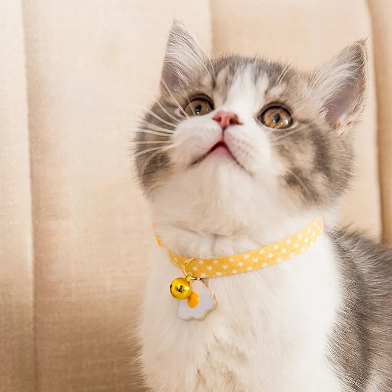 Adjustable cat collar with bell and bow tie in green pink or yellow for small dogs and cats