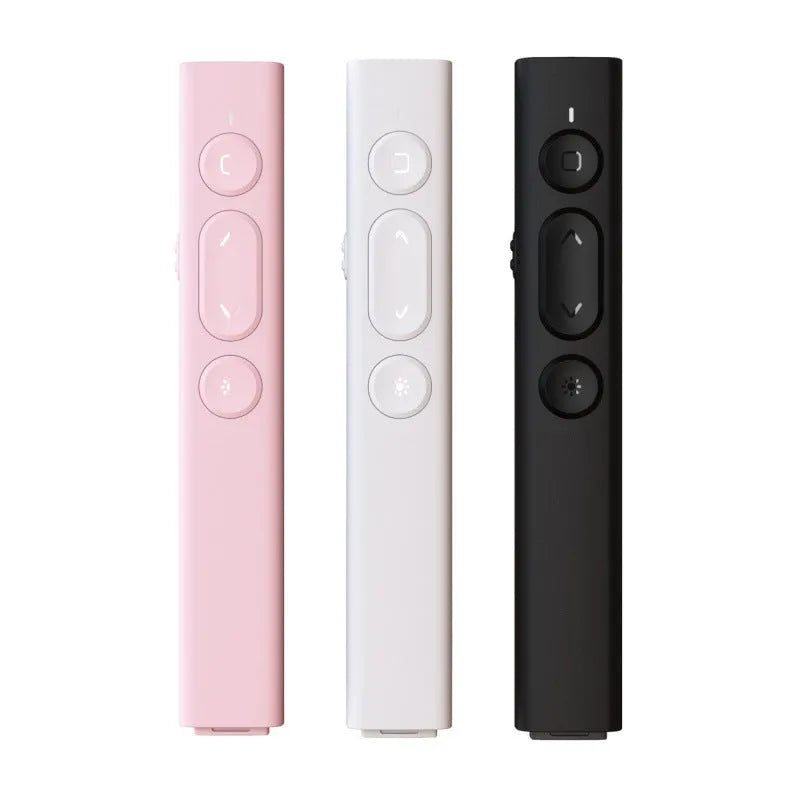 A black remote control pen for presentations with laser pointer and slide advance buttons on a white background.