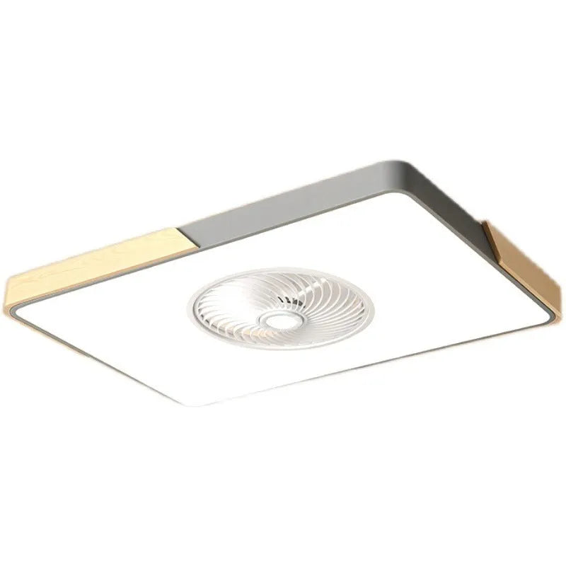 Nordic ceiling fan light with solid wood frame and white PVC lampshade, shown in rectangular, round, and square shapes.