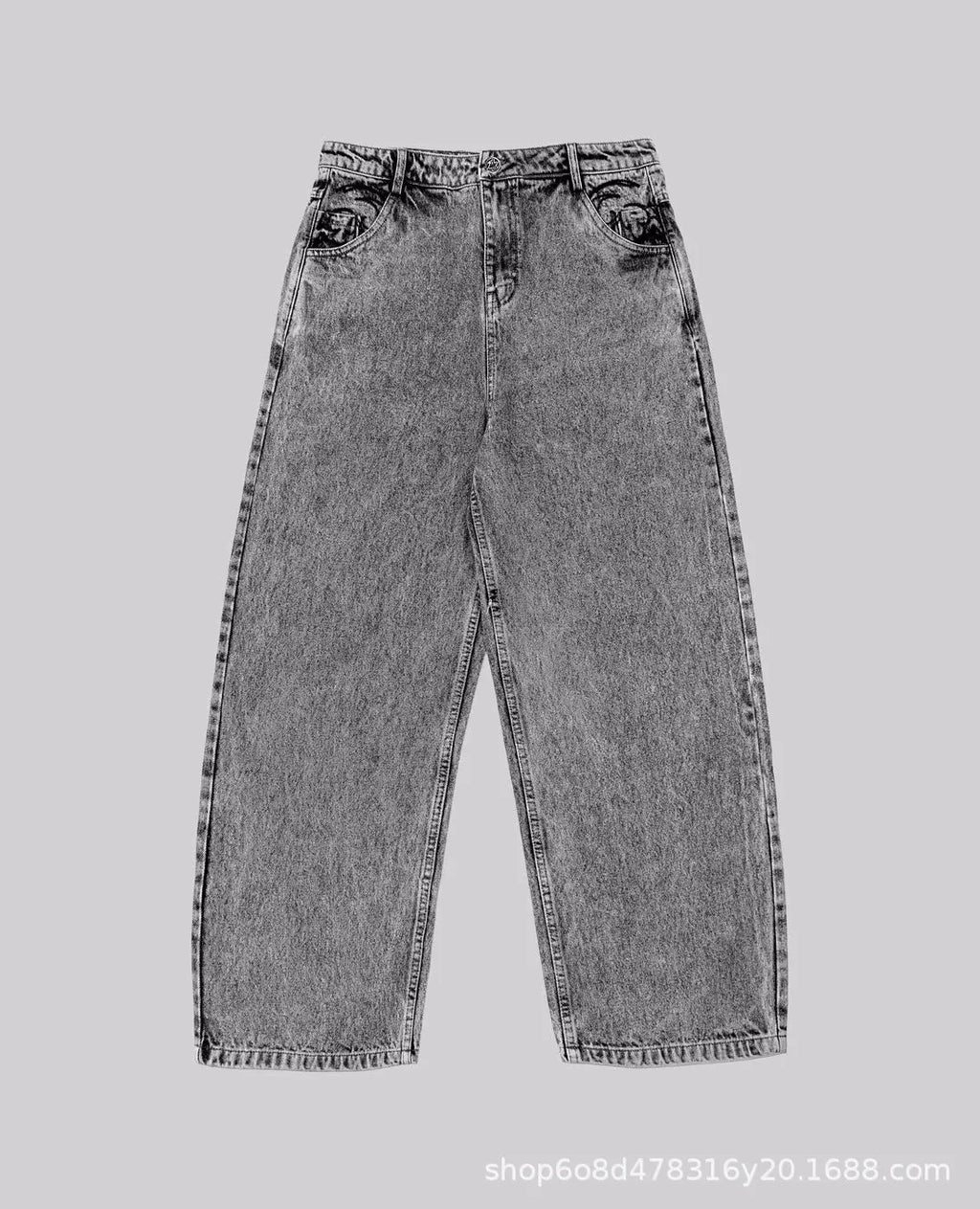 Grey loose fit straight-leg denim trousers for men and women on a mid-waist