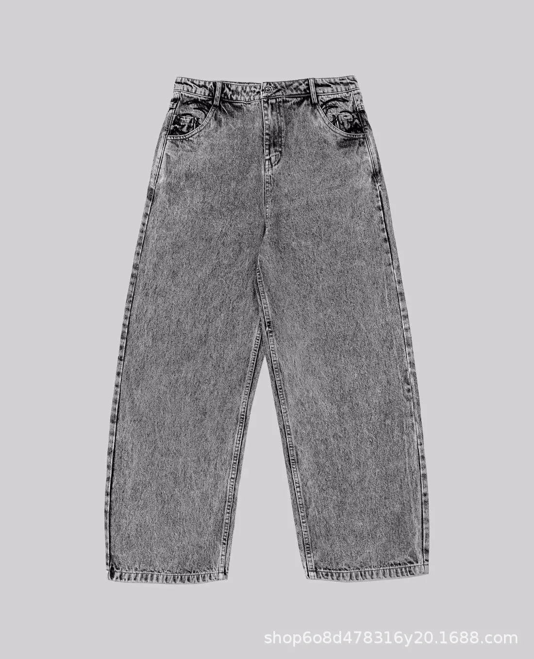 Grey loose fit straight-leg denim trousers for men and women on a mid-waist