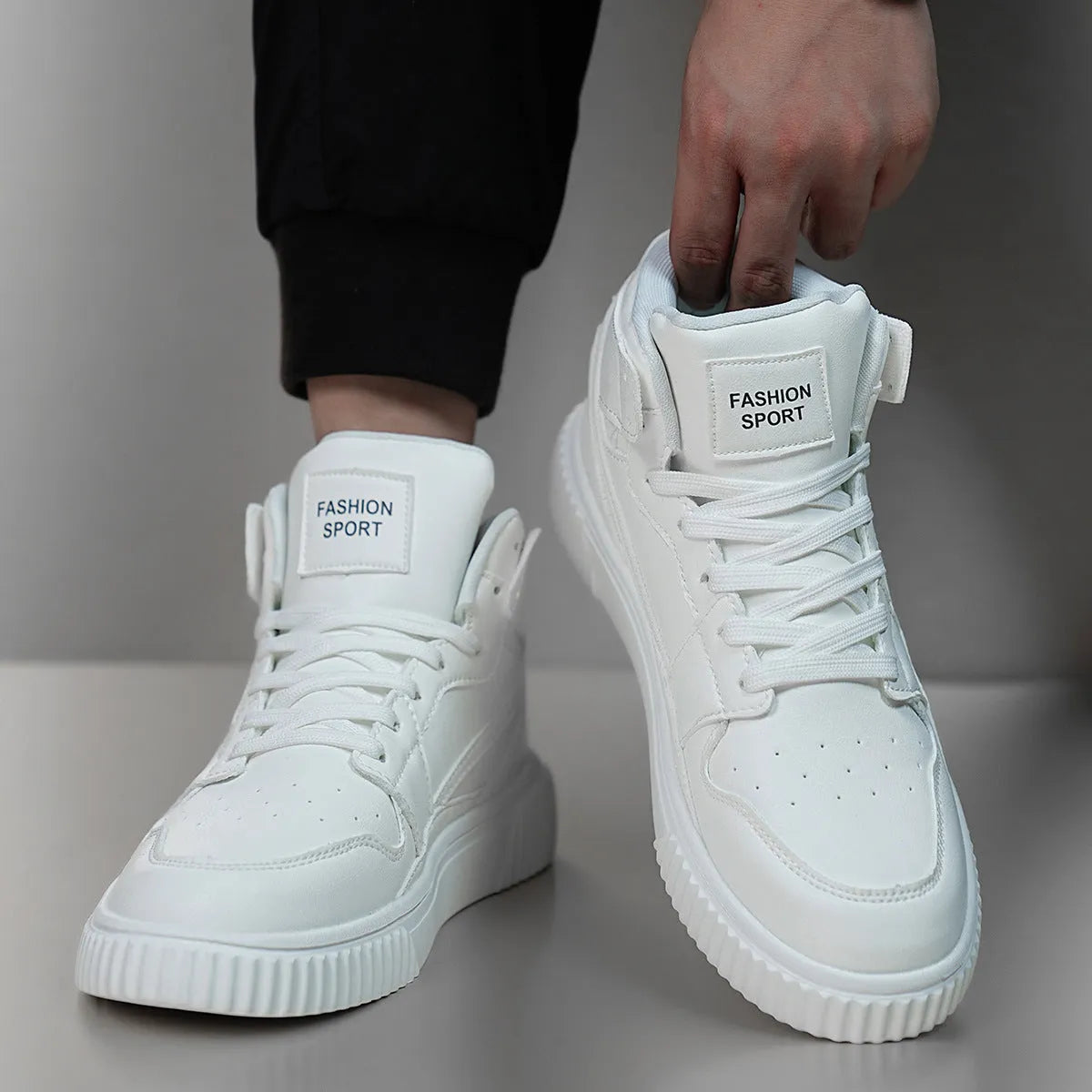 Men's white microfiber casual shoes with round toe design for autumn and winter leisure wear