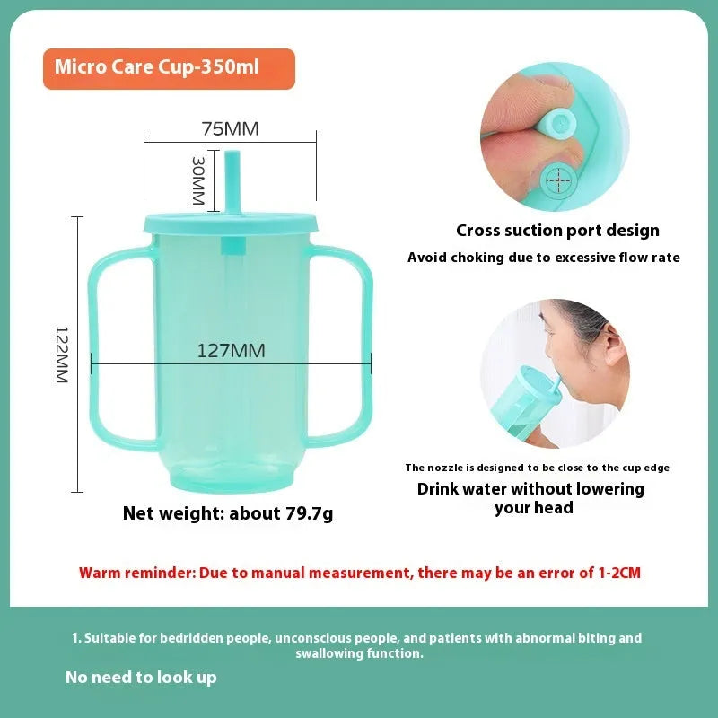 Adult care bed drinking cup with handle and lid, shown in oblique mouth choke proof style