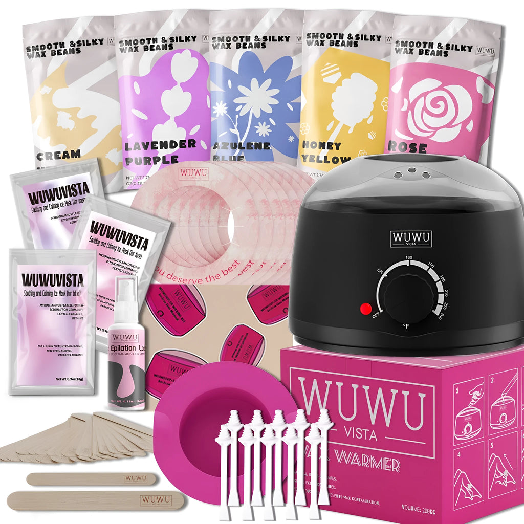 Professional waxing kit with black or pink wax warmer, hard wax beans, applicator sticks, post-treatment lotion and cooling masks.