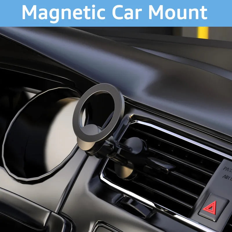 Black magnetic suction car air vent phone holder mounted on a vehicle vent.