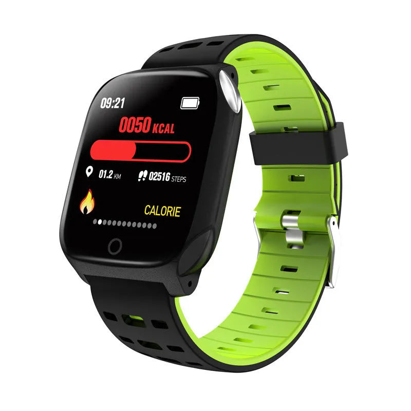 F16 smart watch with ECG monitor showing blood pressure and heart rate display on black silicone wristband