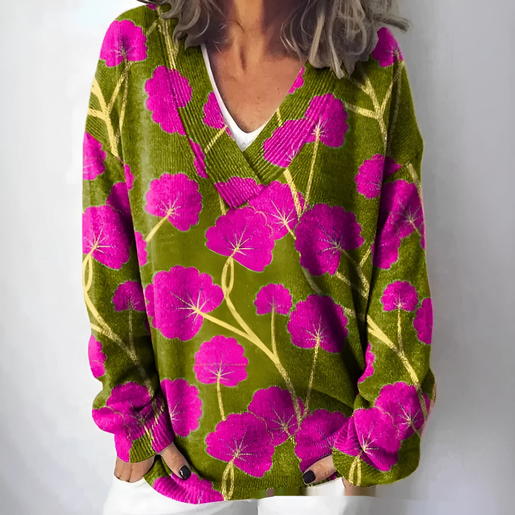 Women's long sleeve floral print sweatshirt with 3D effect in wool woven polyester fabric