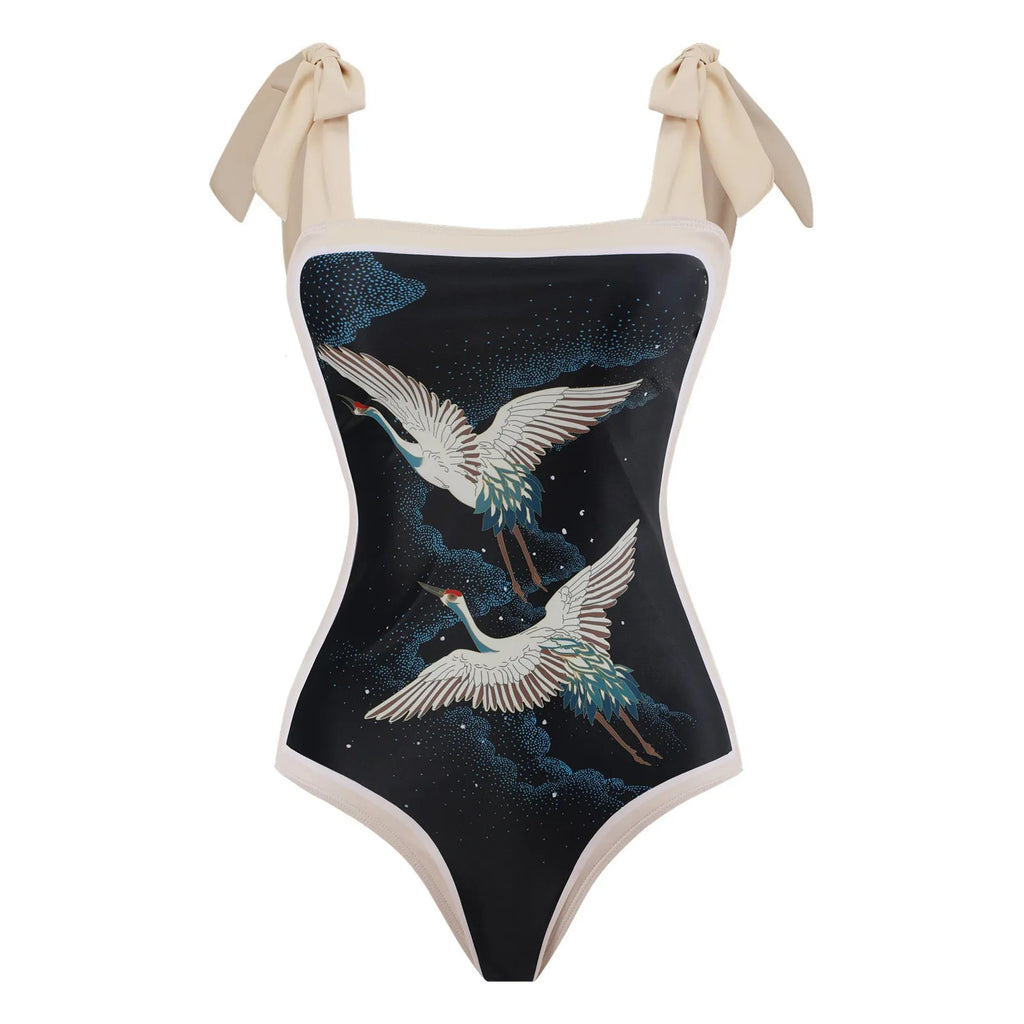 Women's retro one-piece swimsuit with chiffon skirt in floral pattern design