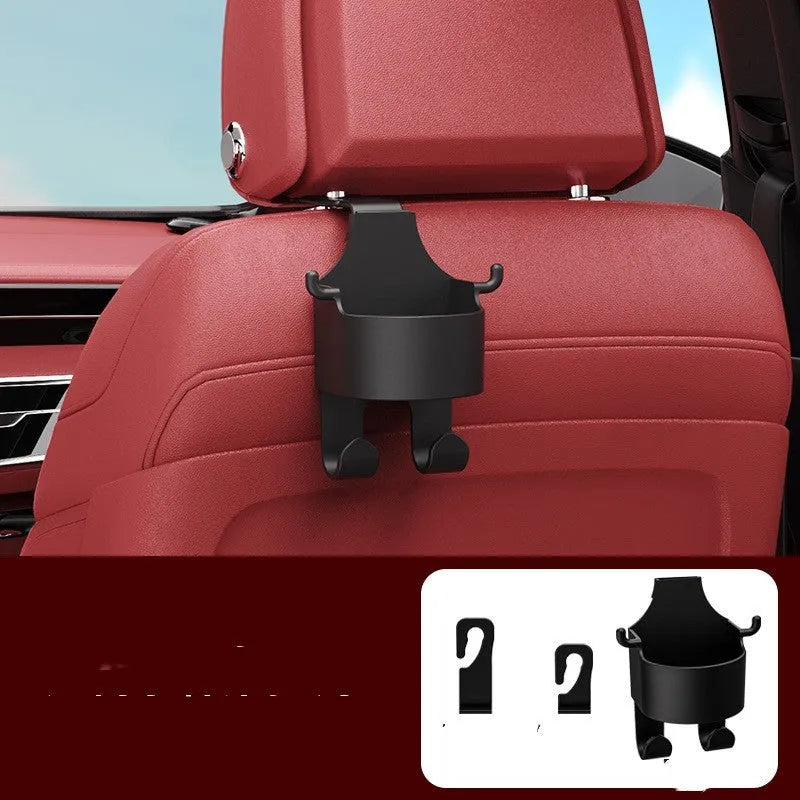 Black plastic car hook seat back organiser with cup holder and hook