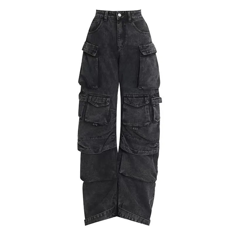 Women's blue tie-dyed high-waist wide-leg jeans with multiple pockets on a neutral background