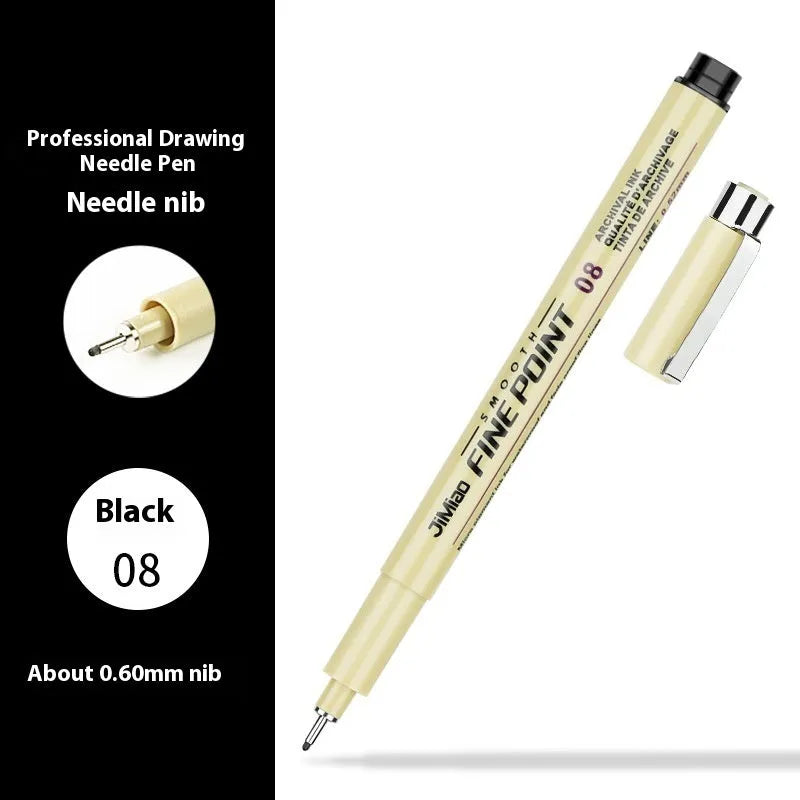 Syringe-style needle pen with hand-drawn hook line art and cartoon details on plastic body.