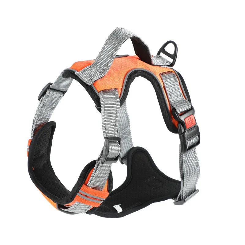 Adjustable polyester dog chest harness in multiple colours with optional hand-holding rope attached.