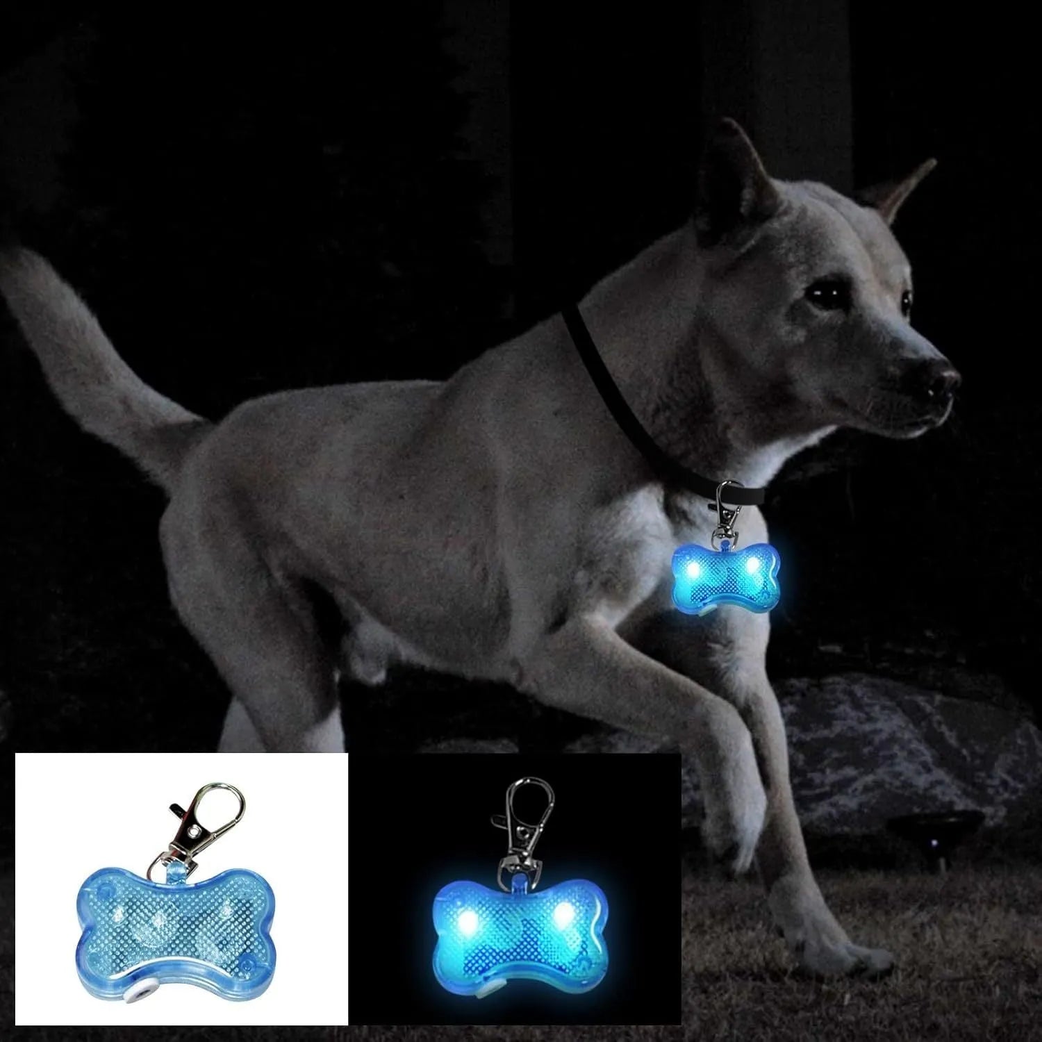 Blue LED bone-shaped luminous pendant attached to a dog collar with three lighting mode options