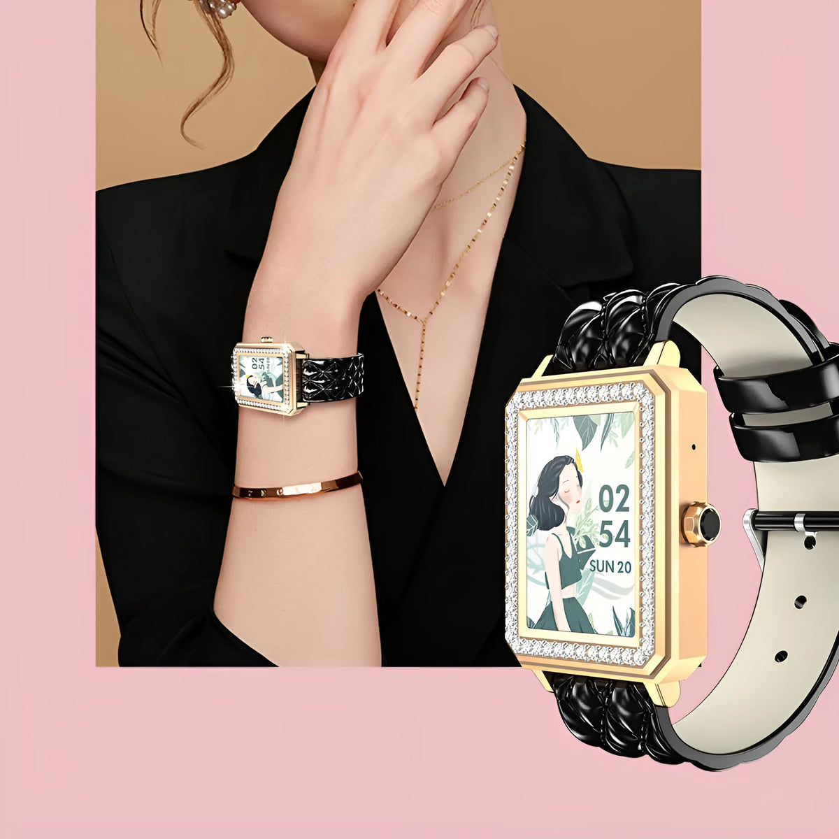 Women's smart bracelet with black gold finish and genuine leather strap showing 1.65-inch display