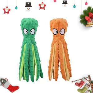 Blue octopus plush dog toy with tentacles, 32cm long no-stuffing chew toy with squeaker and crinkle sounds