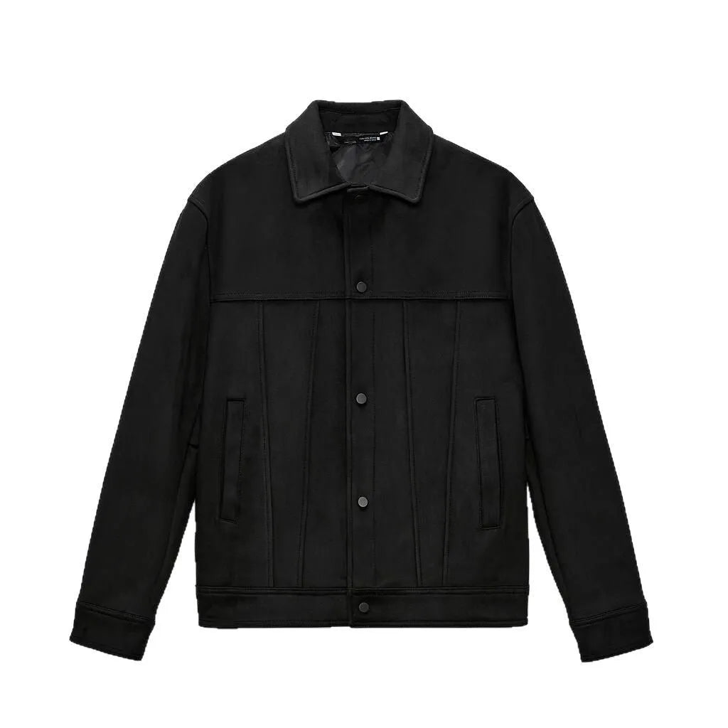 Men's black hooded jacket with suede collar showing side pockets and straight hem