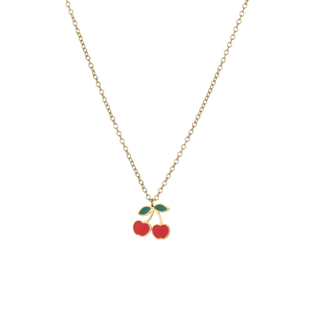 Stainless steel cherry jewellery set showing necklace, bracelet, earrings, and ring with geometric design.