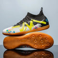 Low-top men's football boots in black and yellow with a PVC upper and rubber studded outsole.