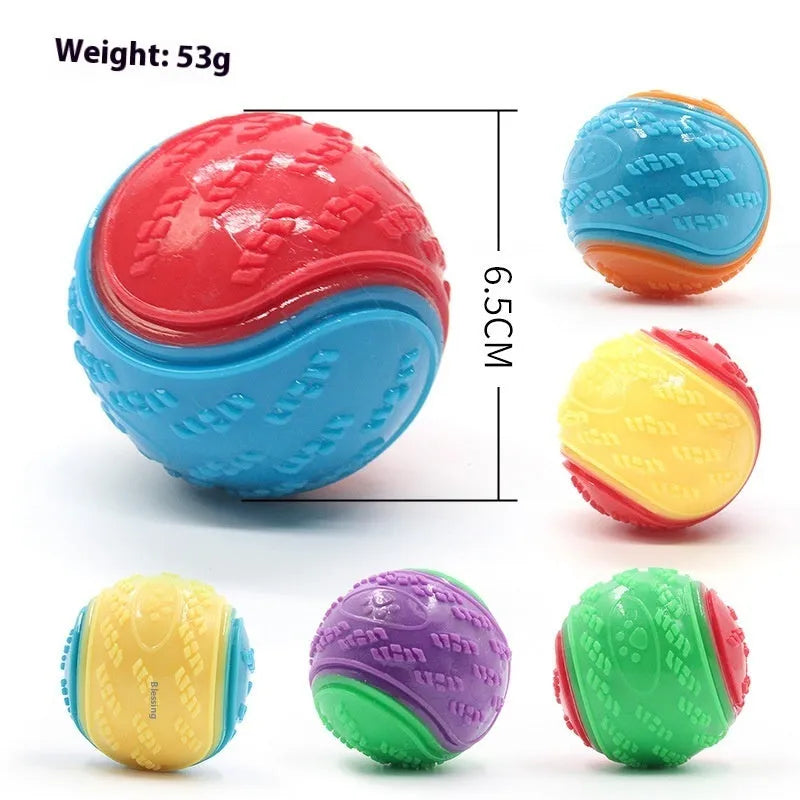 TPR rubber dog toy ball with squeaker in assorted colour combinations, 6.5cm diameter