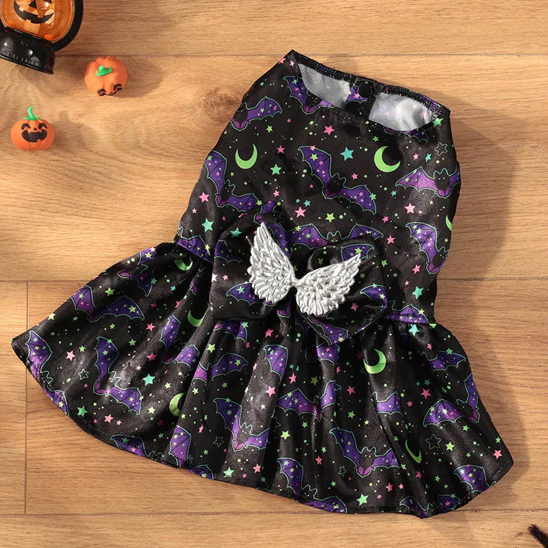 Orange or black angel wings Halloween costume for a dog, made from polyester.