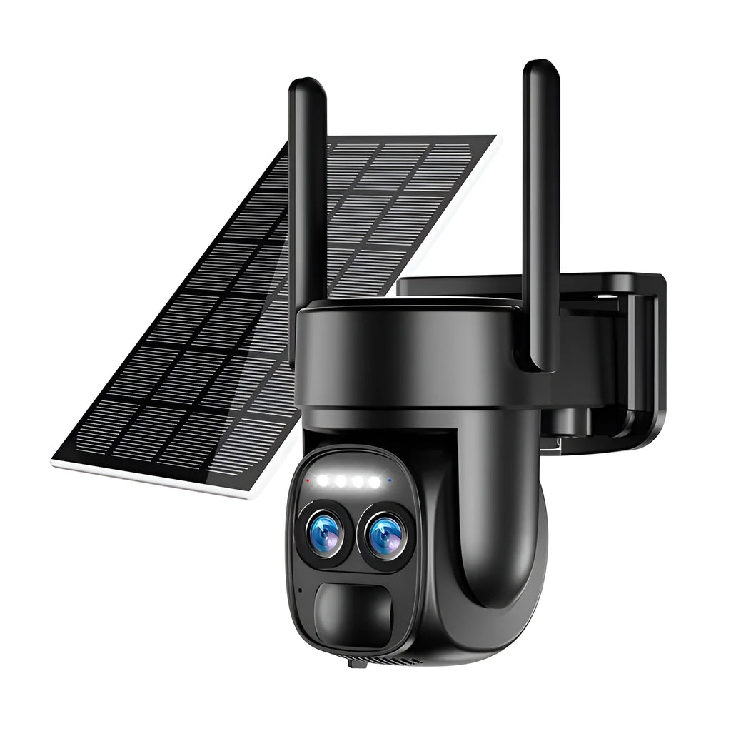 Solar-powered surveillance camera with 8x zoom lens for outdoor home security monitoring