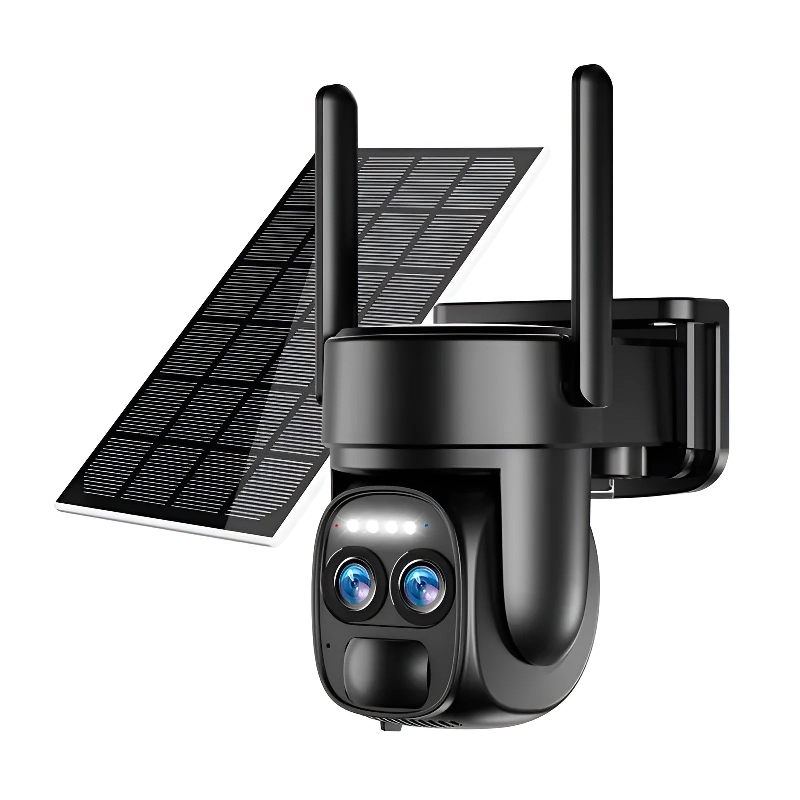 Solar-powered surveillance camera with 8x zoom lens for outdoor home security monitoring