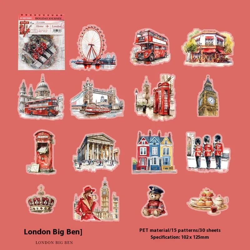 Holiday Journey Series retro architecture journal stickers showing six landmark designs.