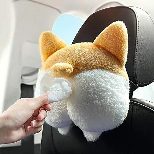 Yellow corgi butt-shaped soft pouch tissue box cover with elastic strap for car visor.