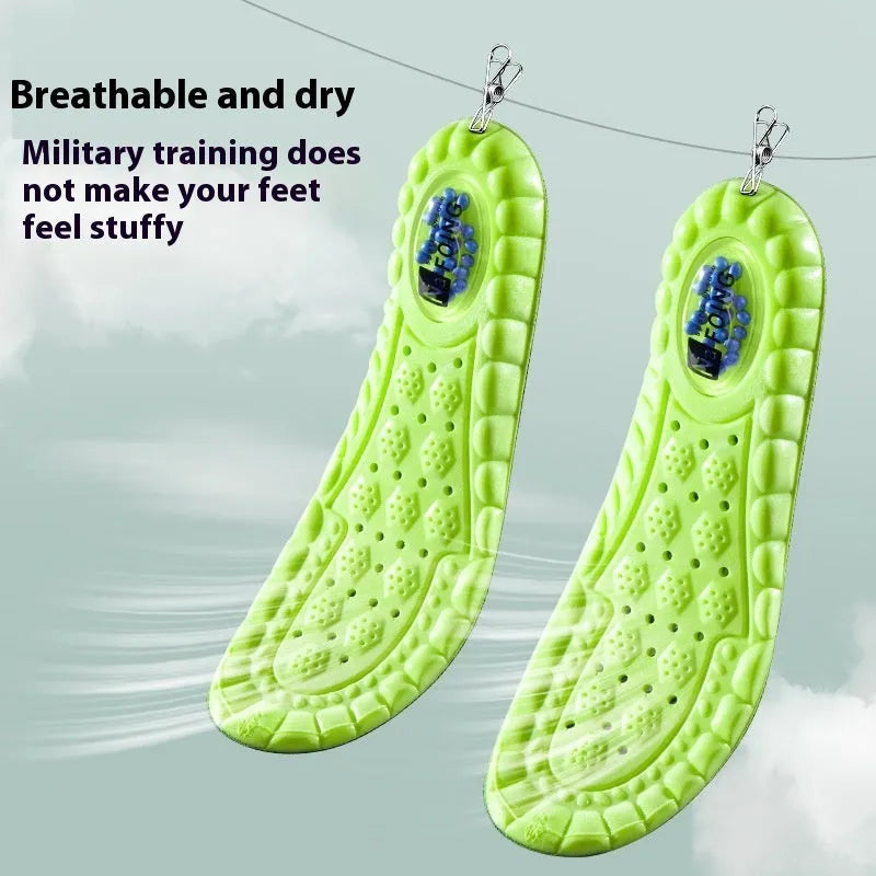 Green PU sports insole with air cushion and arg wormwood for sizes 35-46 showing thickened breathable design