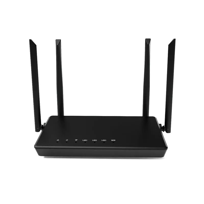 Portable bare metal WiFi router showing six ports including WAN, LAN, power and reset interfaces