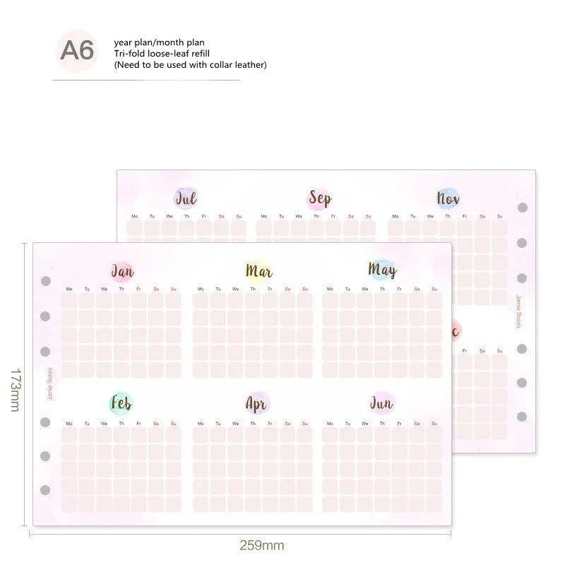 Handbook loose-leaf refill showing A7 floral monthly plan and A5/A6 tri-fold scheduler designs for organisers