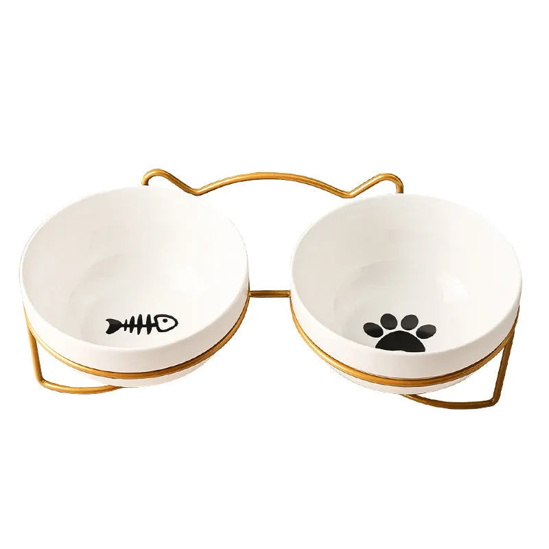 White ceramic pet bowl with cat footprints pattern in black iron cat ear frame