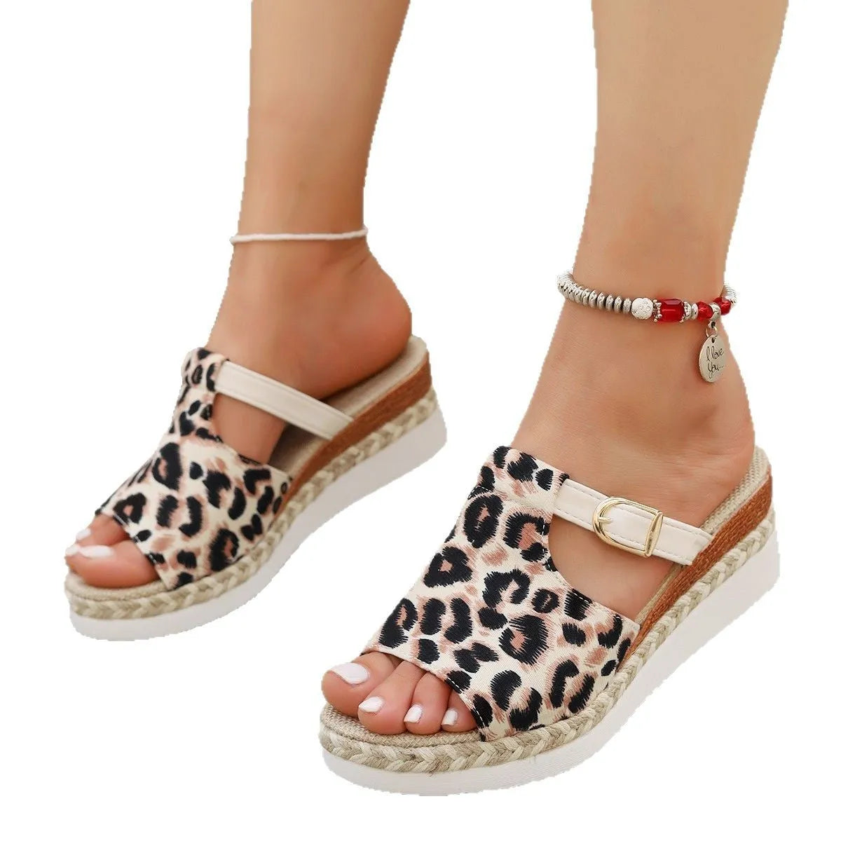 Leopard print wedge heel platform sandals in light green, shown from the side.