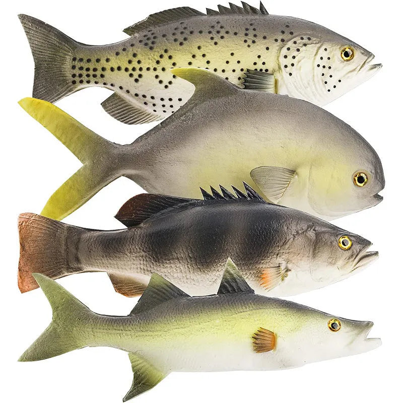 Set of three PU simulated fish models including yellow fin tuna, small tuna, and yellow croaker for display