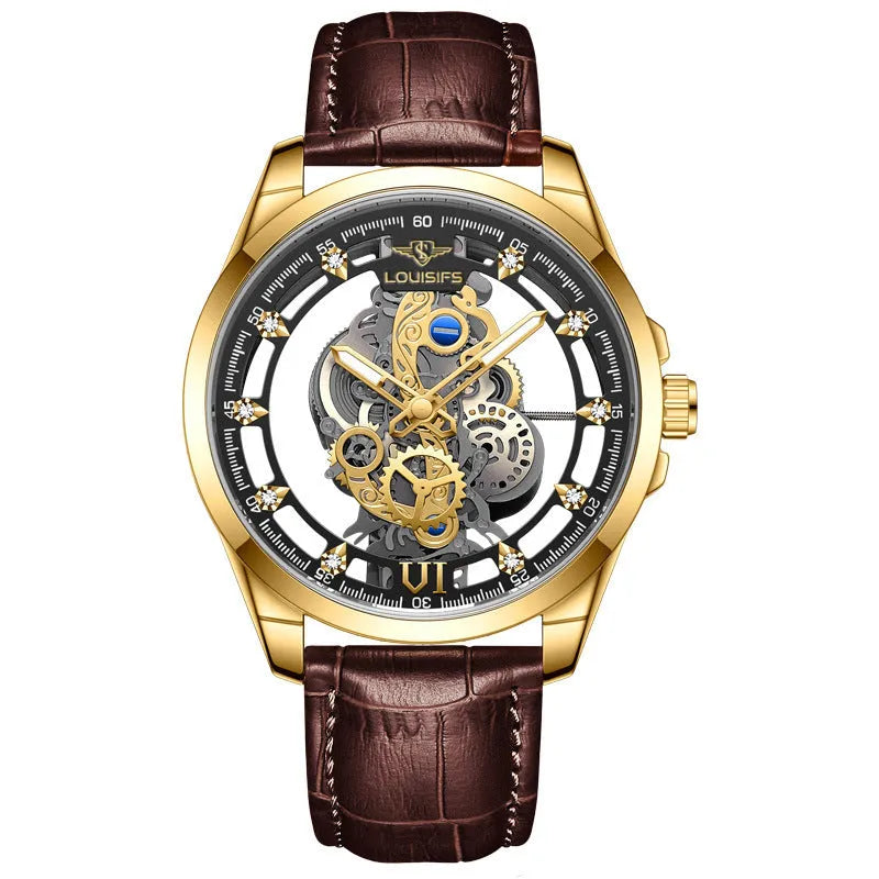 Swiss men's quartz watch with double-sided hollow case and leather strap in business styling