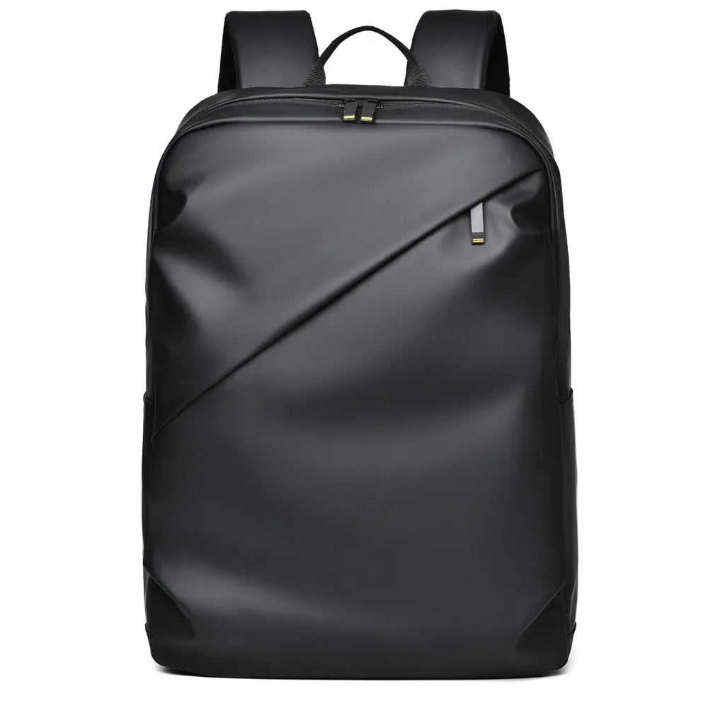 Large waterproof PU leather backpack for men with visible stitching details in black colour