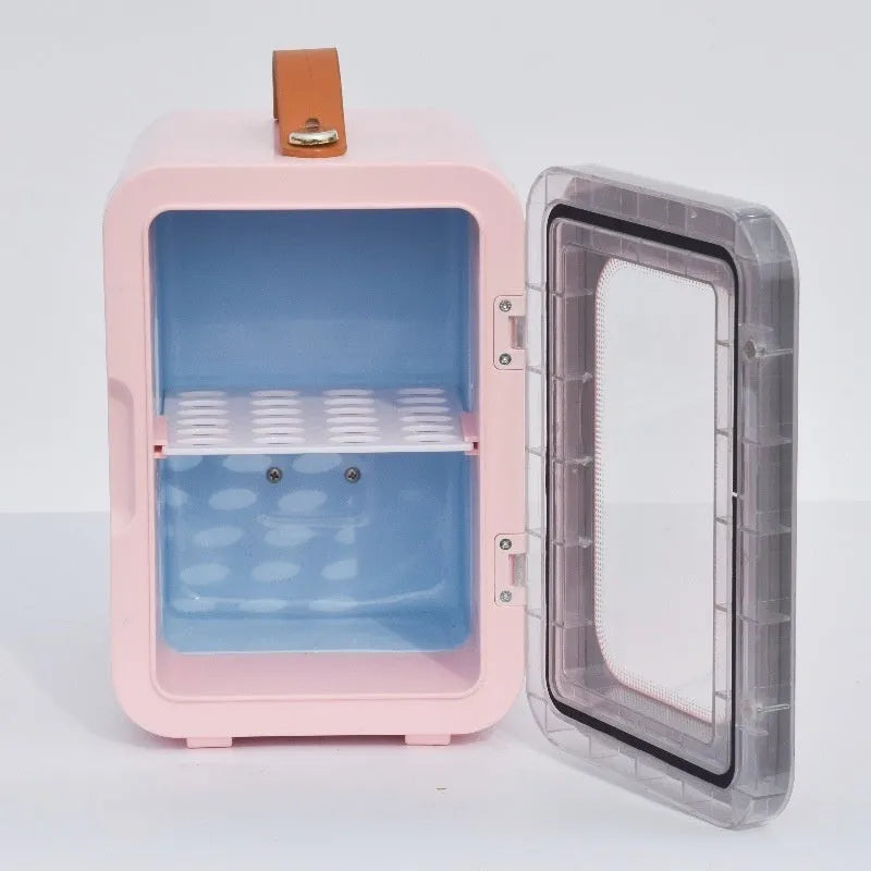 Mini refrigerator with transparent door showing 6L capacity, available in pink, black, or white colours