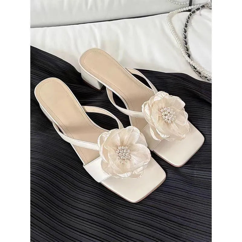 Women's cream-white satin sandals with a chunky heel, square toe, and one-line strap.