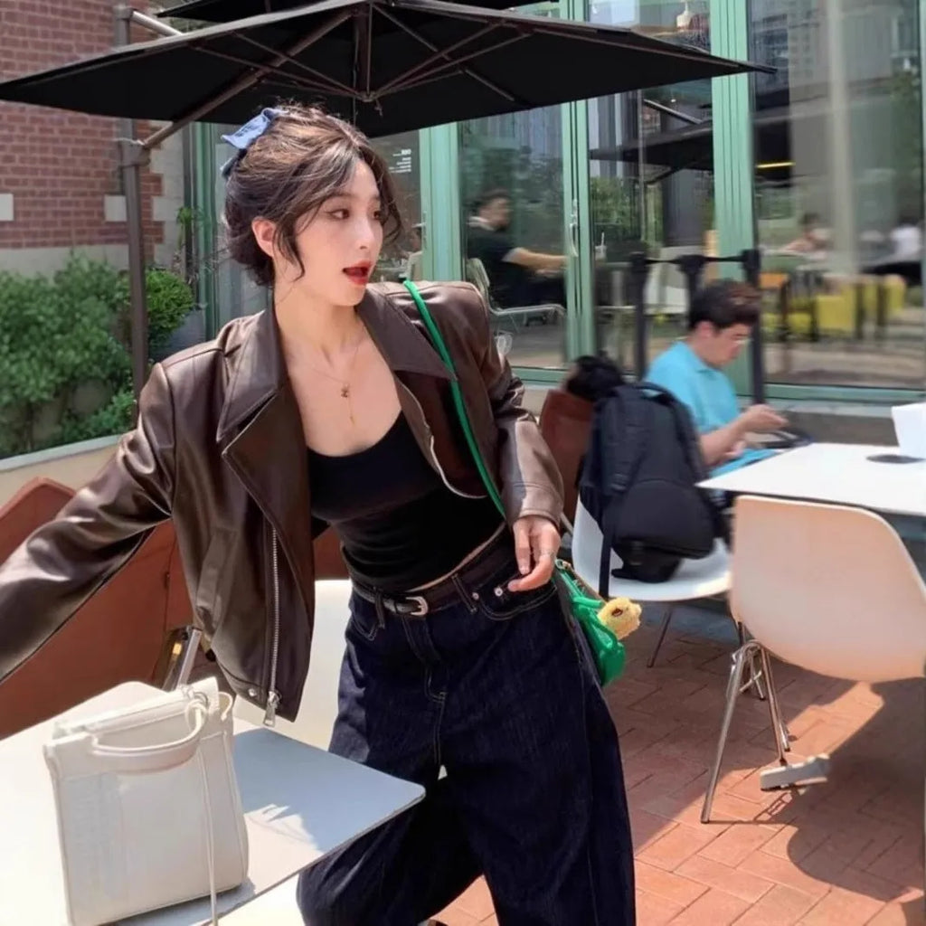 Women's brown retro imitation leather jacket with slim fit and pocket detailing